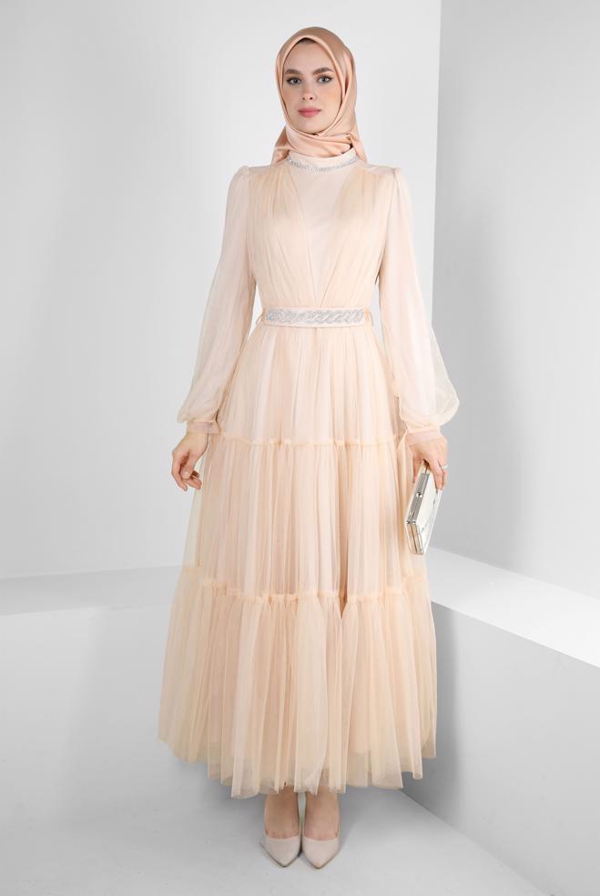 Vêtements hijab POUDRE ROBE DE SOIRÉE DÉTAIL GEM AVEC TULLE 50306 - ALVİNA