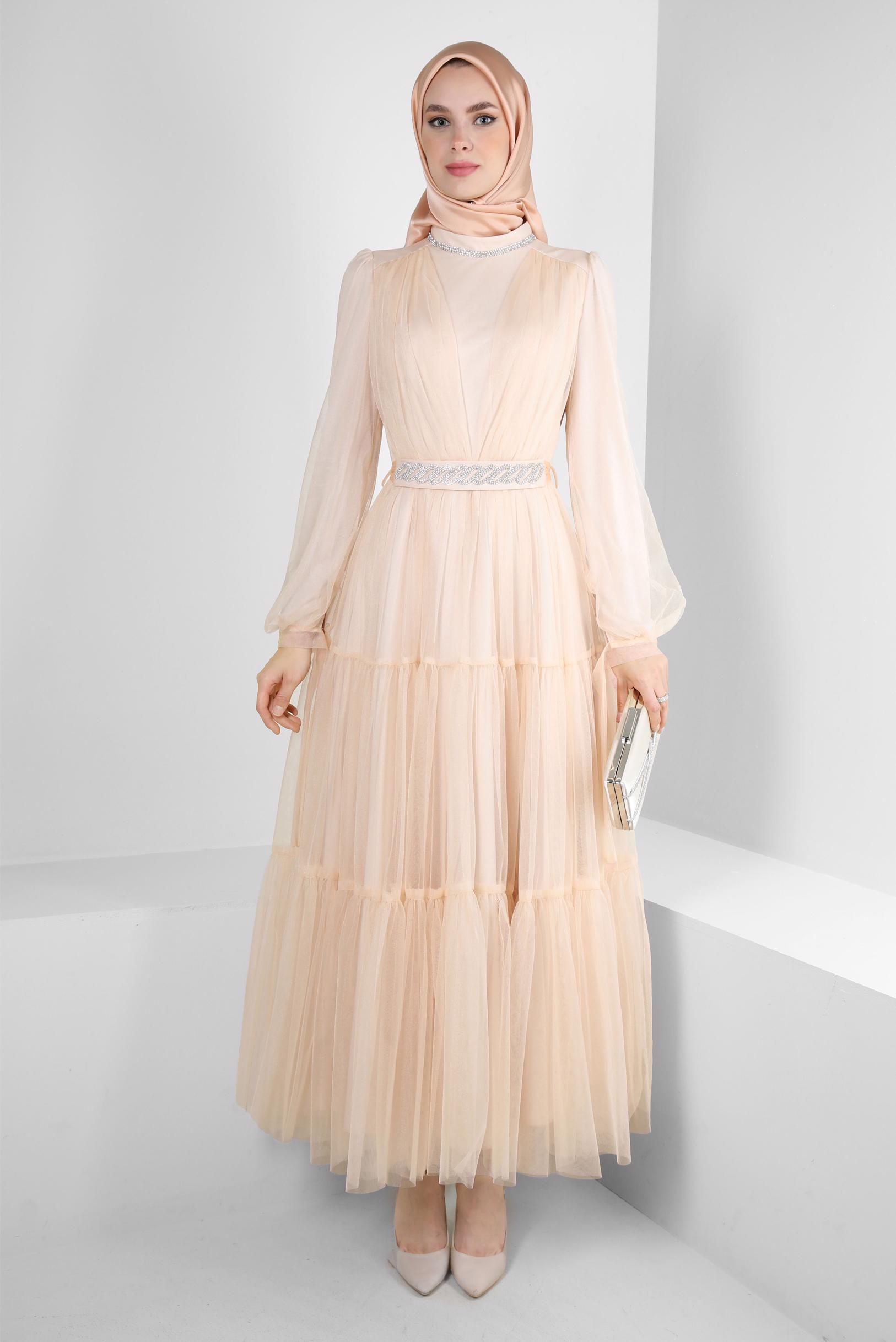 Vêtements hijab POUDRE ROBE DE SOIRÉE DÉTAIL GEM AVEC TULLE 50306