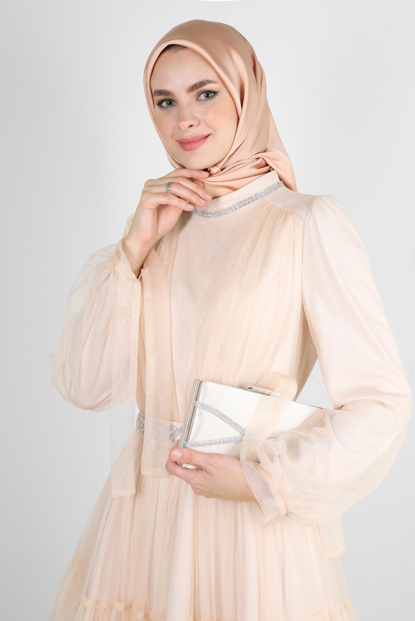 Vêtements hijab POUDRE ROBE DE SOIRÉE DÉTAIL GEM AVEC TULLE 50306