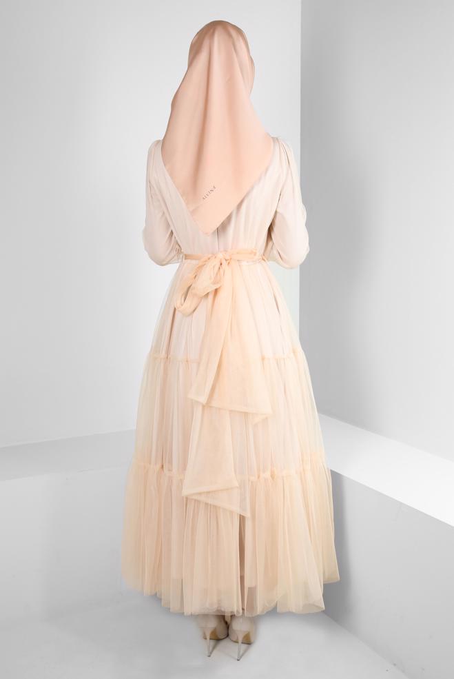 Vêtements hijab POUDRE ROBE DE SOIRÉE DÉTAIL GEM AVEC TULLE 50306 - ALVİNA