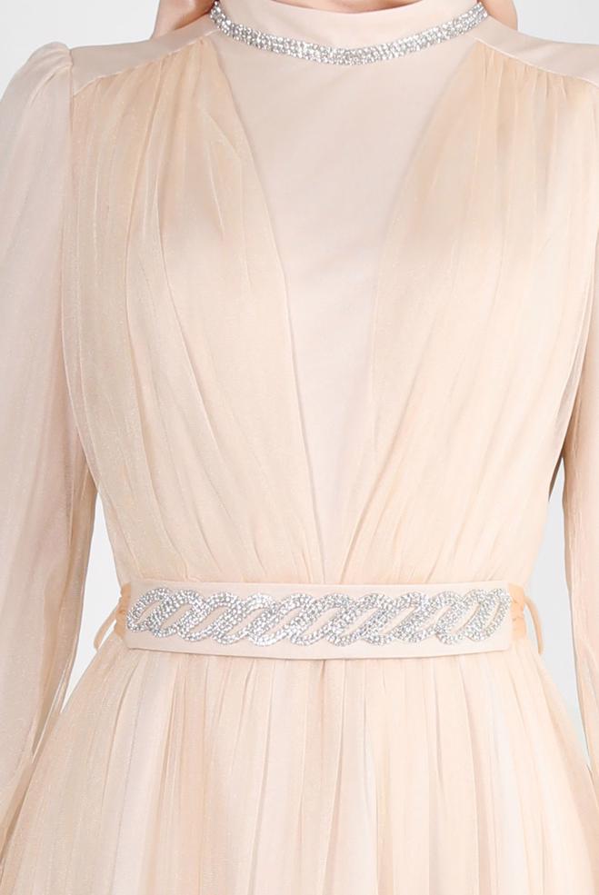 Vêtements hijab POUDRE ROBE DE SOIRÉE DÉTAIL GEM AVEC TULLE 50306 - ALVİNA