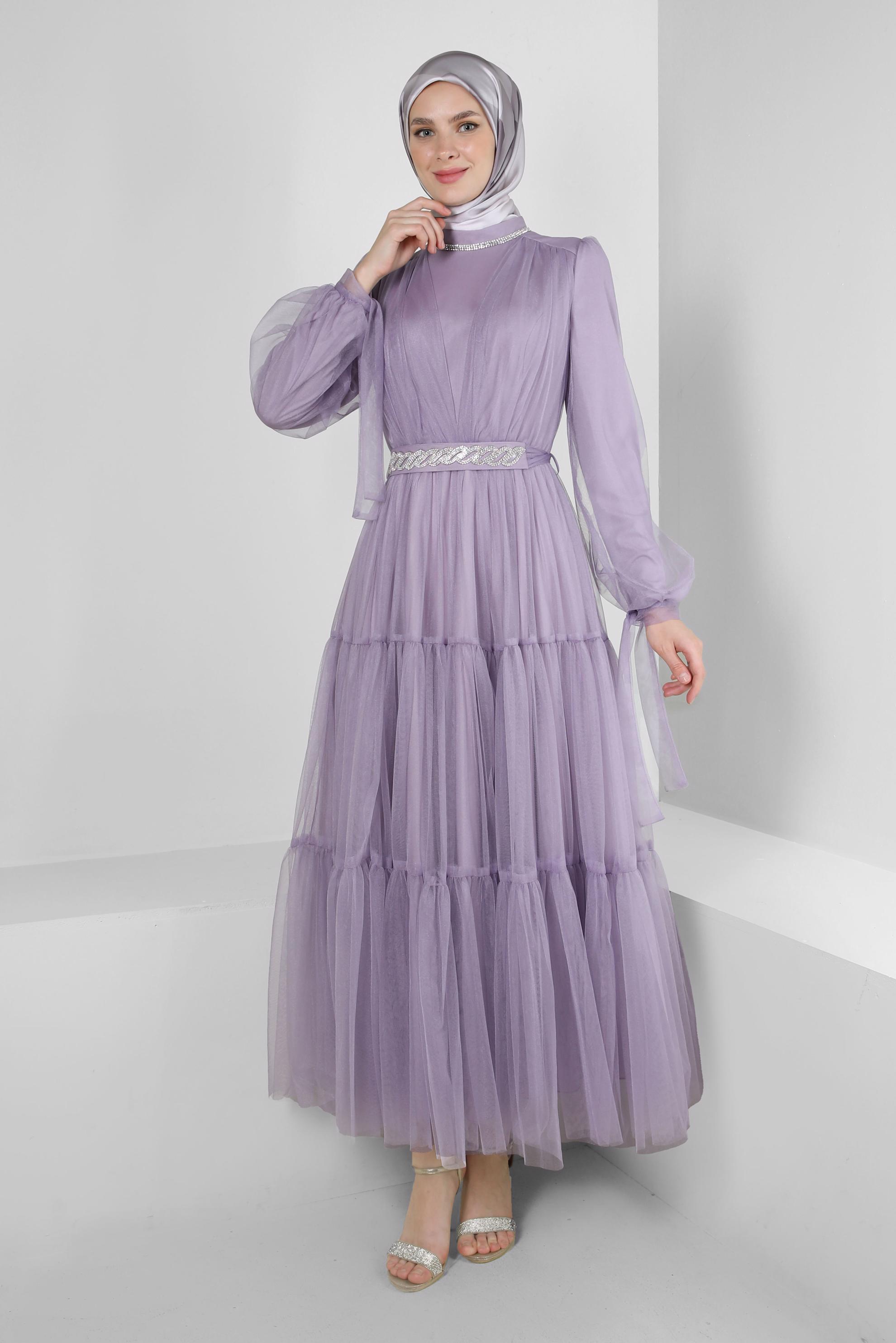 Tesettür giyim MOR TAŞ DETAYLI TÜLLÜ ABİYE ELBİSE 50306