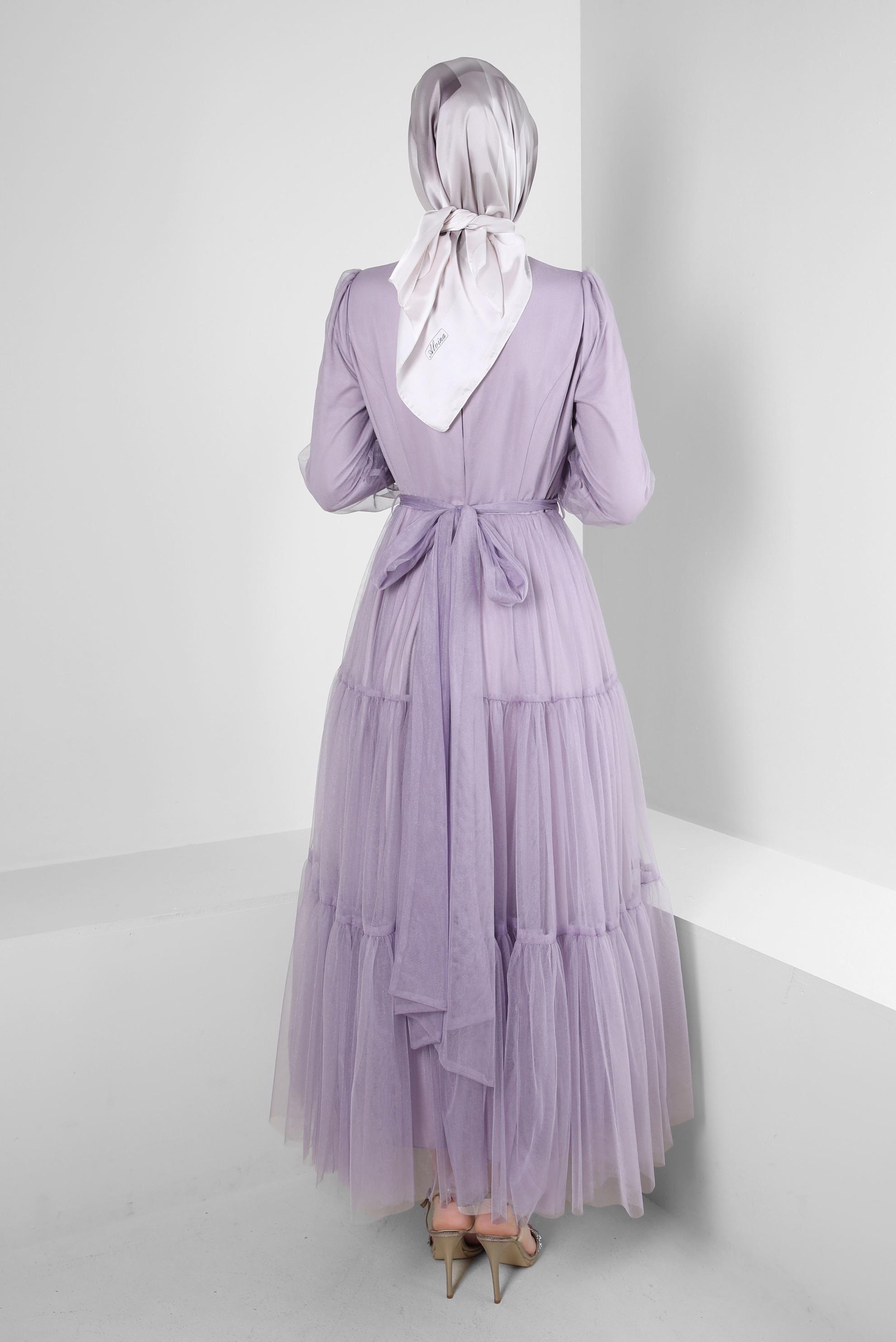 Tesettür giyim MOR TAŞ DETAYLI TÜLLÜ ABİYE ELBİSE 50306