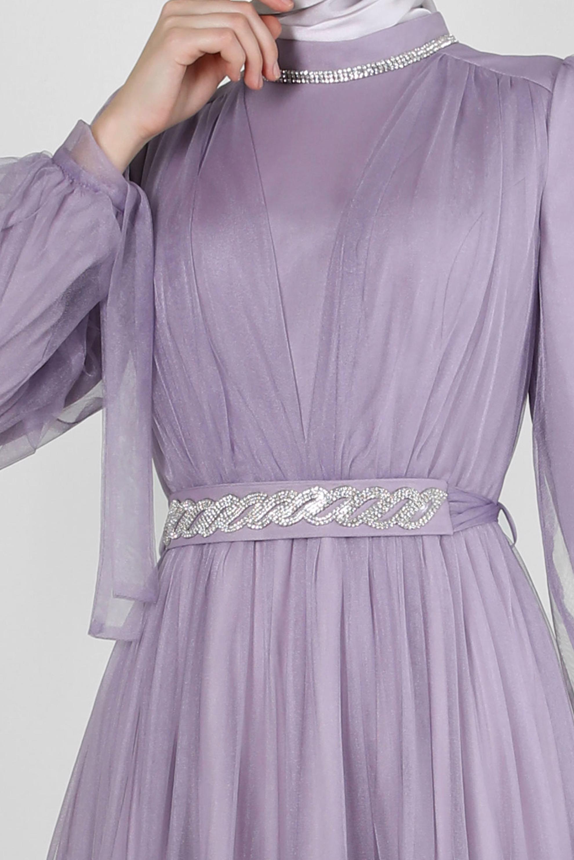 Tesettür giyim MOR TAŞ DETAYLI TÜLLÜ ABİYE ELBİSE 50306