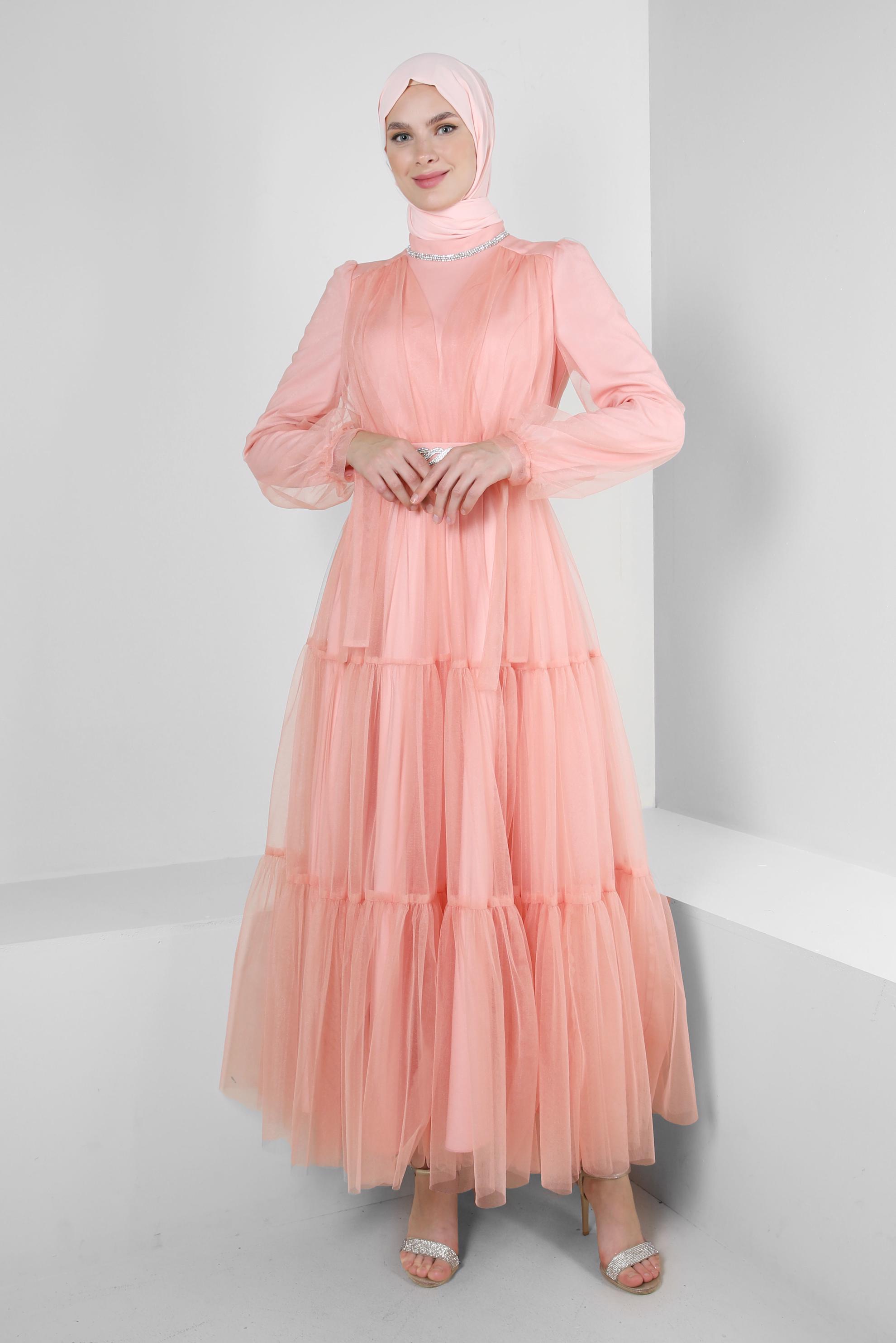 Tesettür giyim PUDRA TAŞ DETAYLI TÜLLÜ ABİYE ELBİSE 50306