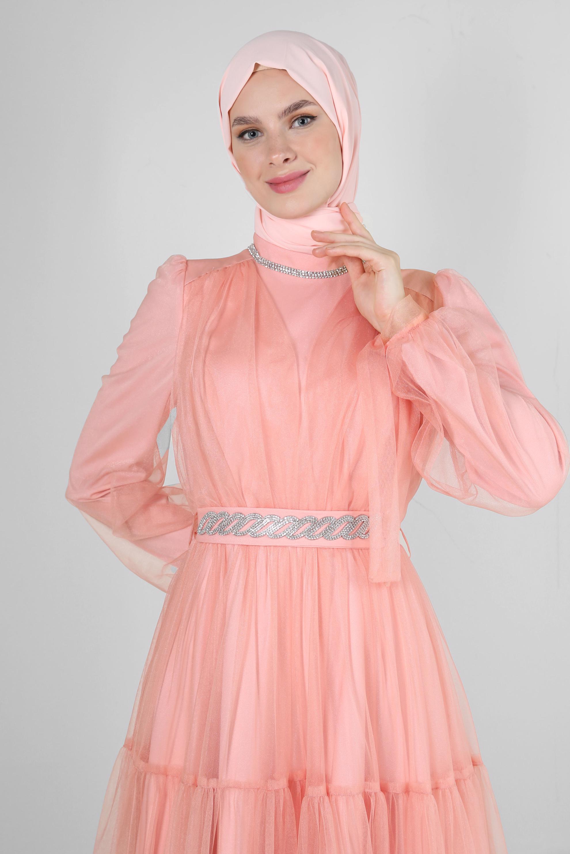 Tesettür giyim PUDRA TAŞ DETAYLI TÜLLÜ ABİYE ELBİSE 50306