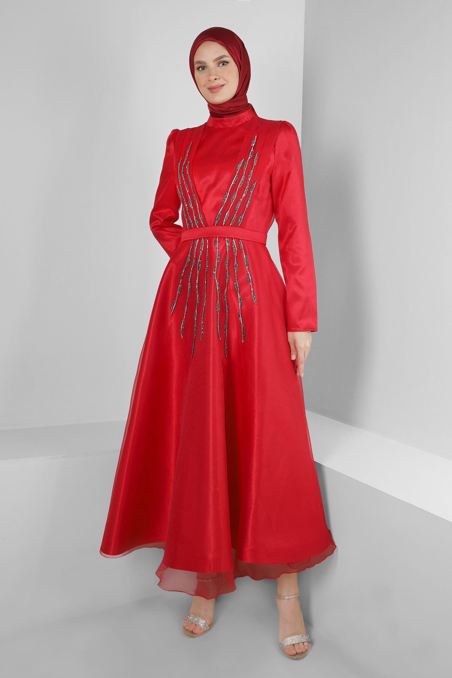Tesettür giyim KIRMIZI DİK YAKA TAŞ BASKILI ABİYE ELBİSE 50308