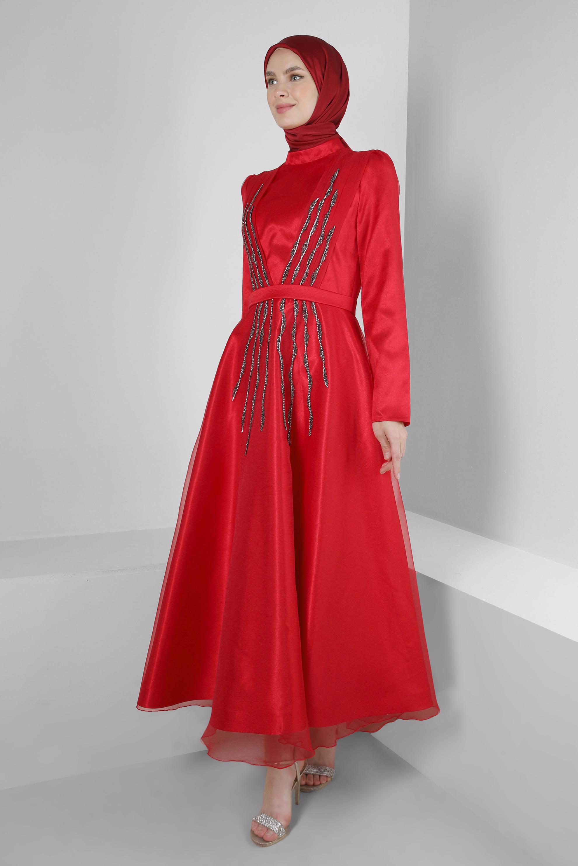 Tesettür giyim KIRMIZI DİK YAKA TAŞ BASKILI ABİYE ELBİSE 50308
