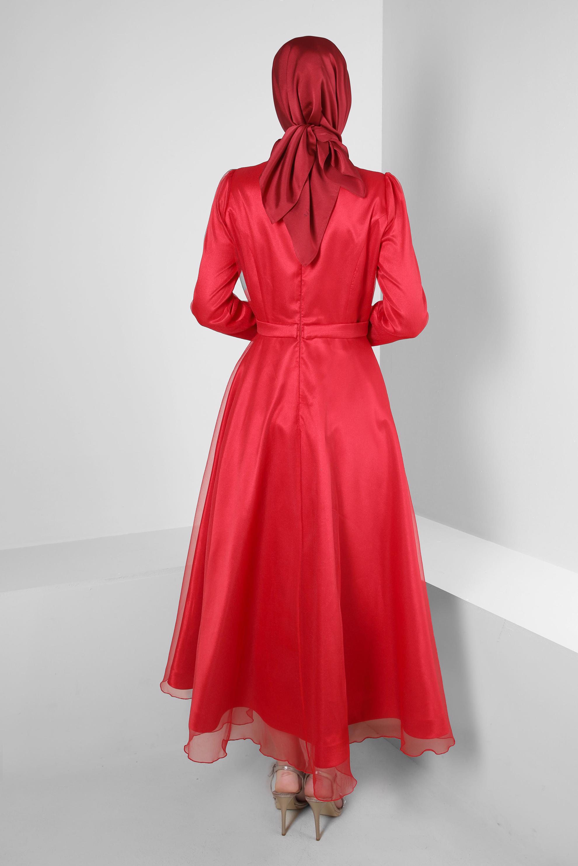 Tesettür giyim KIRMIZI DİK YAKA TAŞ BASKILI ABİYE ELBİSE 50308