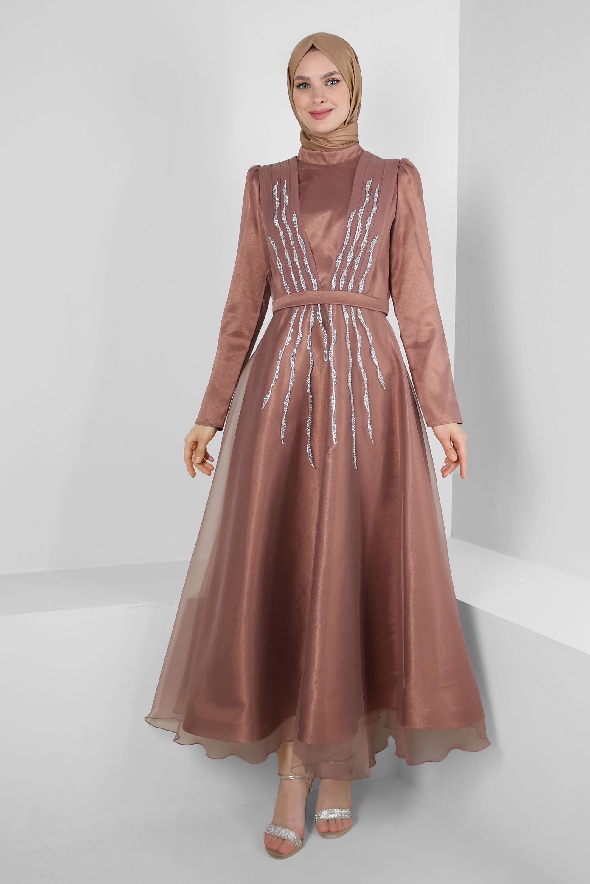 Vêtements hijab BRUN ROBE DE SOIRÉE AVEC GEMME BRODÉE 50308