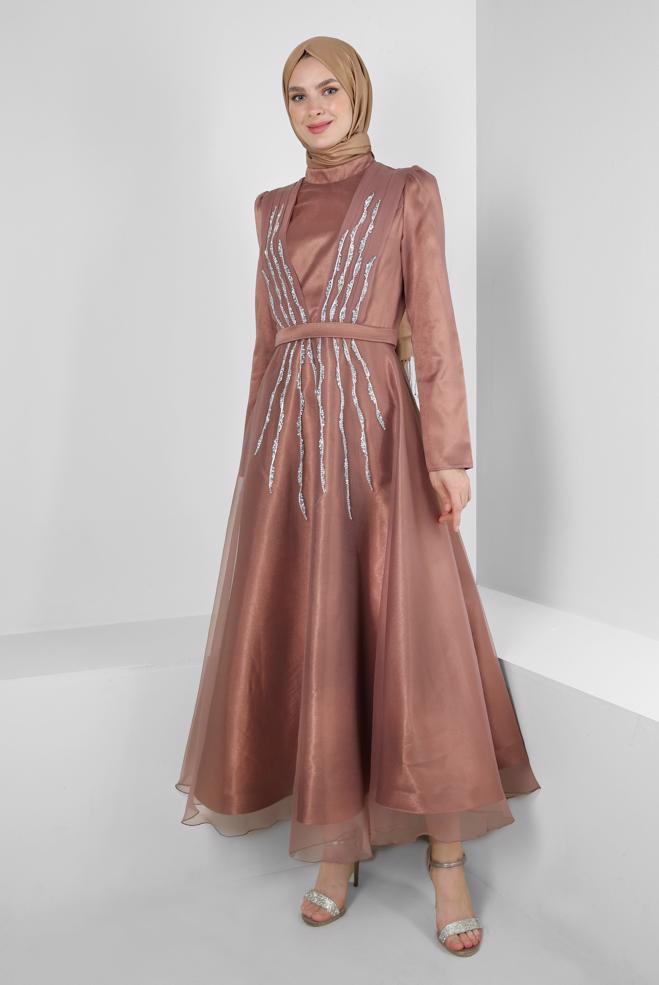 Vêtements hijab BRUN ROBE DE SOIRÉE AVEC GEMME BRODÉE 50308 - ALVİNA
