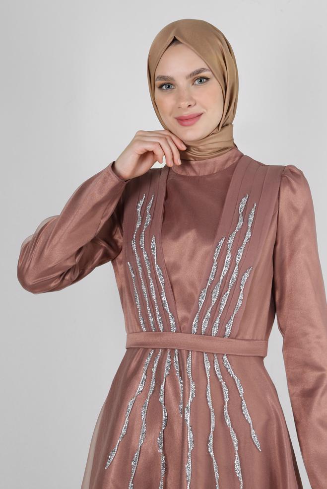 Vêtements hijab BRUN ROBE DE SOIRÉE AVEC GEMME BRODÉE 50308 - ALVİNA