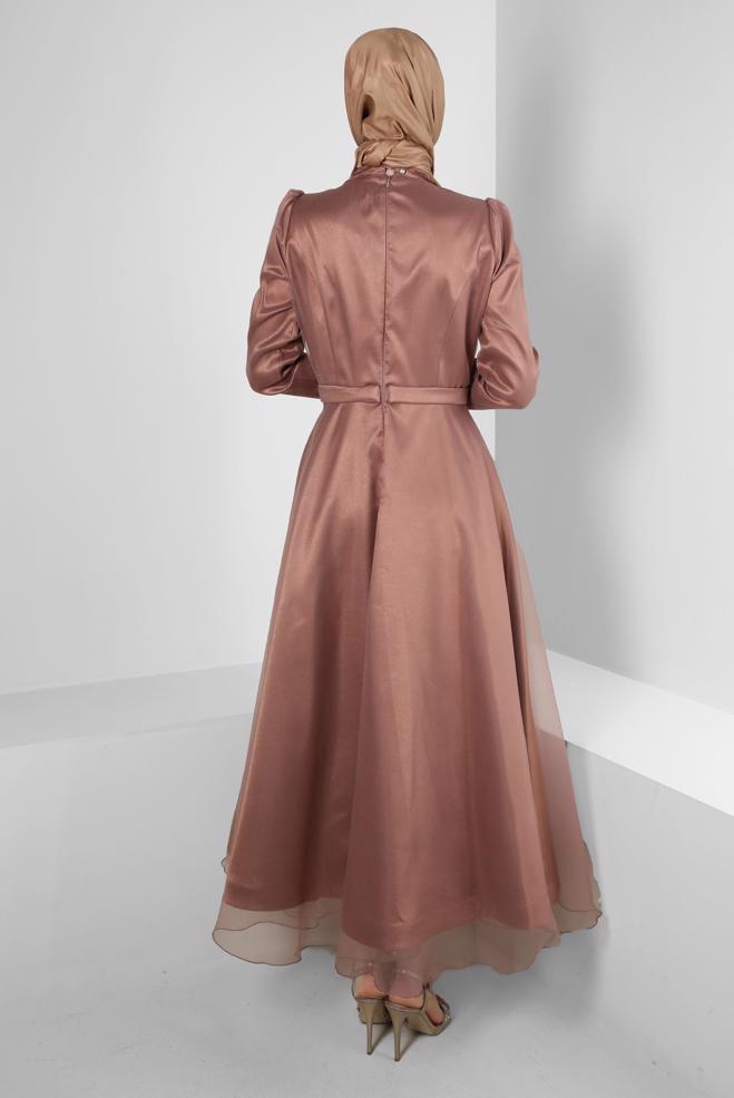 Vêtements hijab BRUN ROBE DE SOIRÉE AVEC GEMME BRODÉE 50308 - ALVİNA