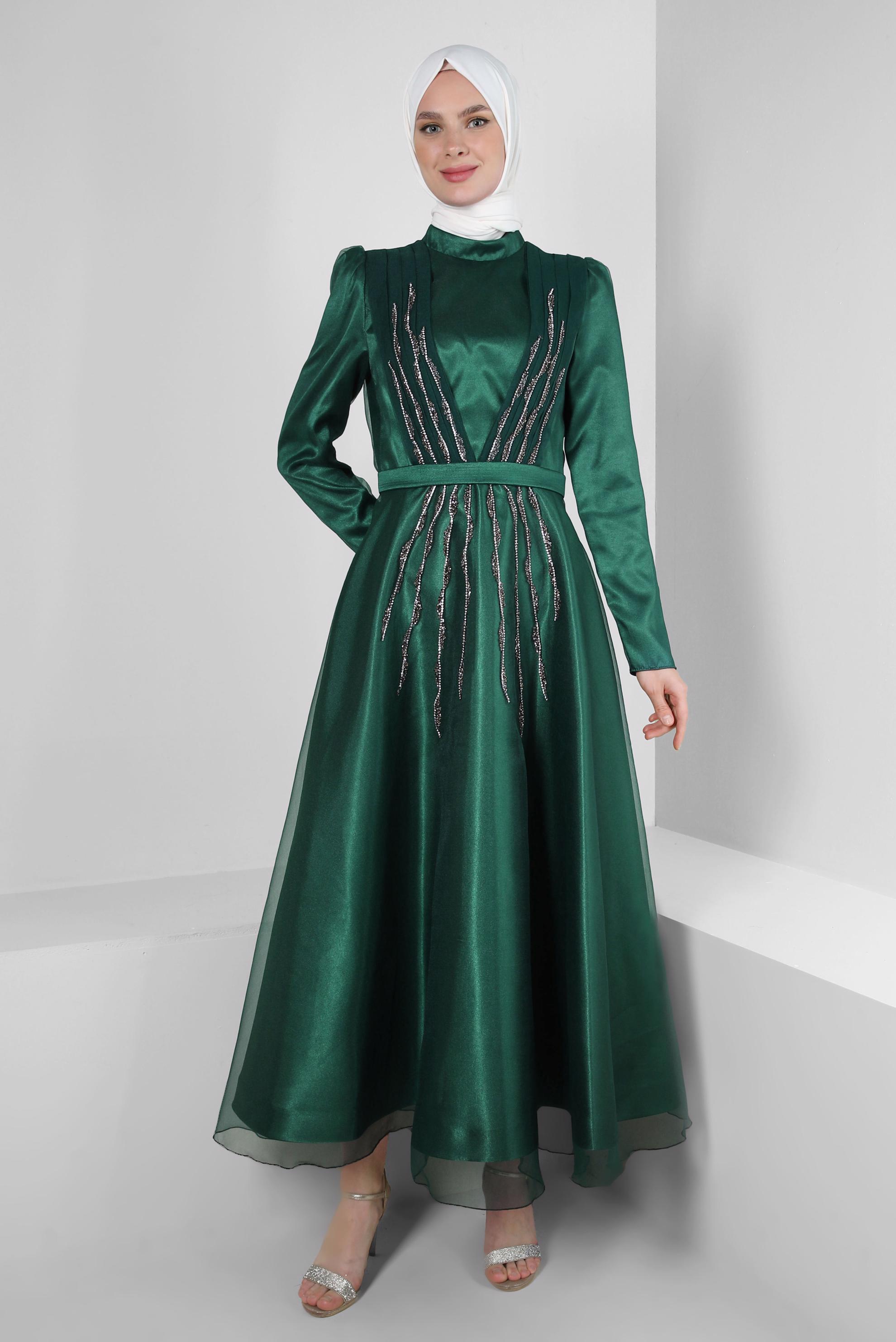 Tesettür giyim YEŞİL DİK YAKA TAŞ BASKILI ABİYE ELBİSE 50308