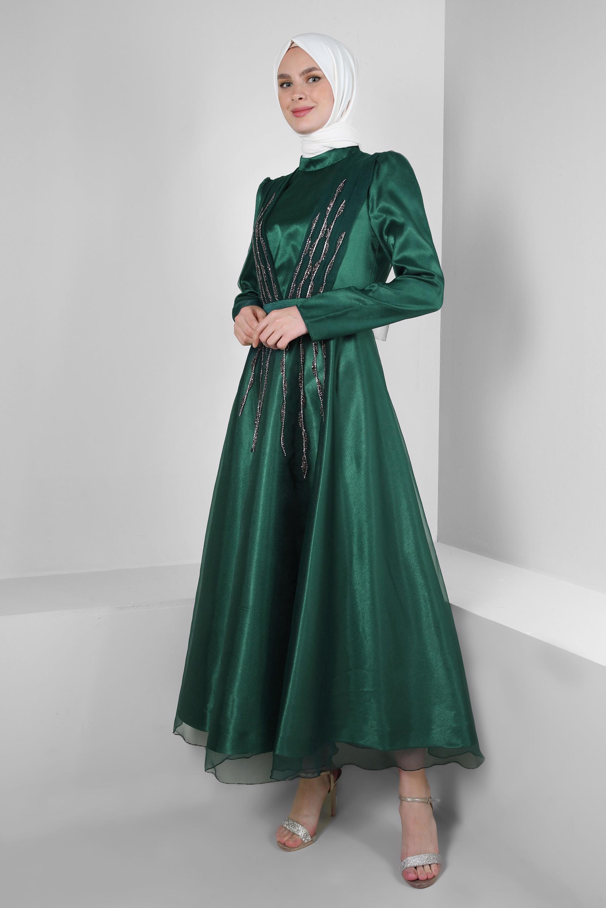 Tesettür giyim YEŞİL DİK YAKA TAŞ BASKILI ABİYE ELBİSE 50308