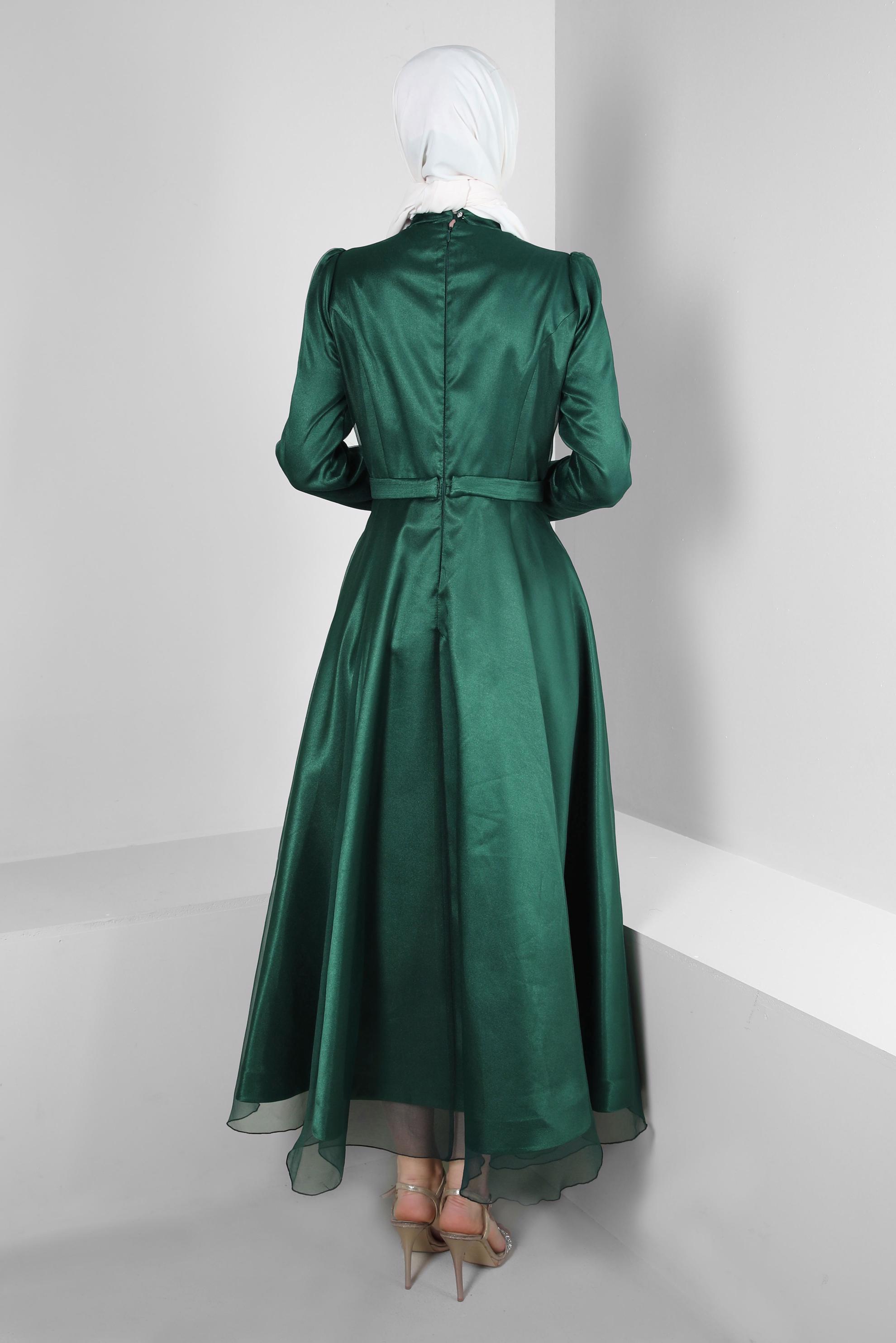 Tesettür giyim YEŞİL DİK YAKA TAŞ BASKILI ABİYE ELBİSE 50308