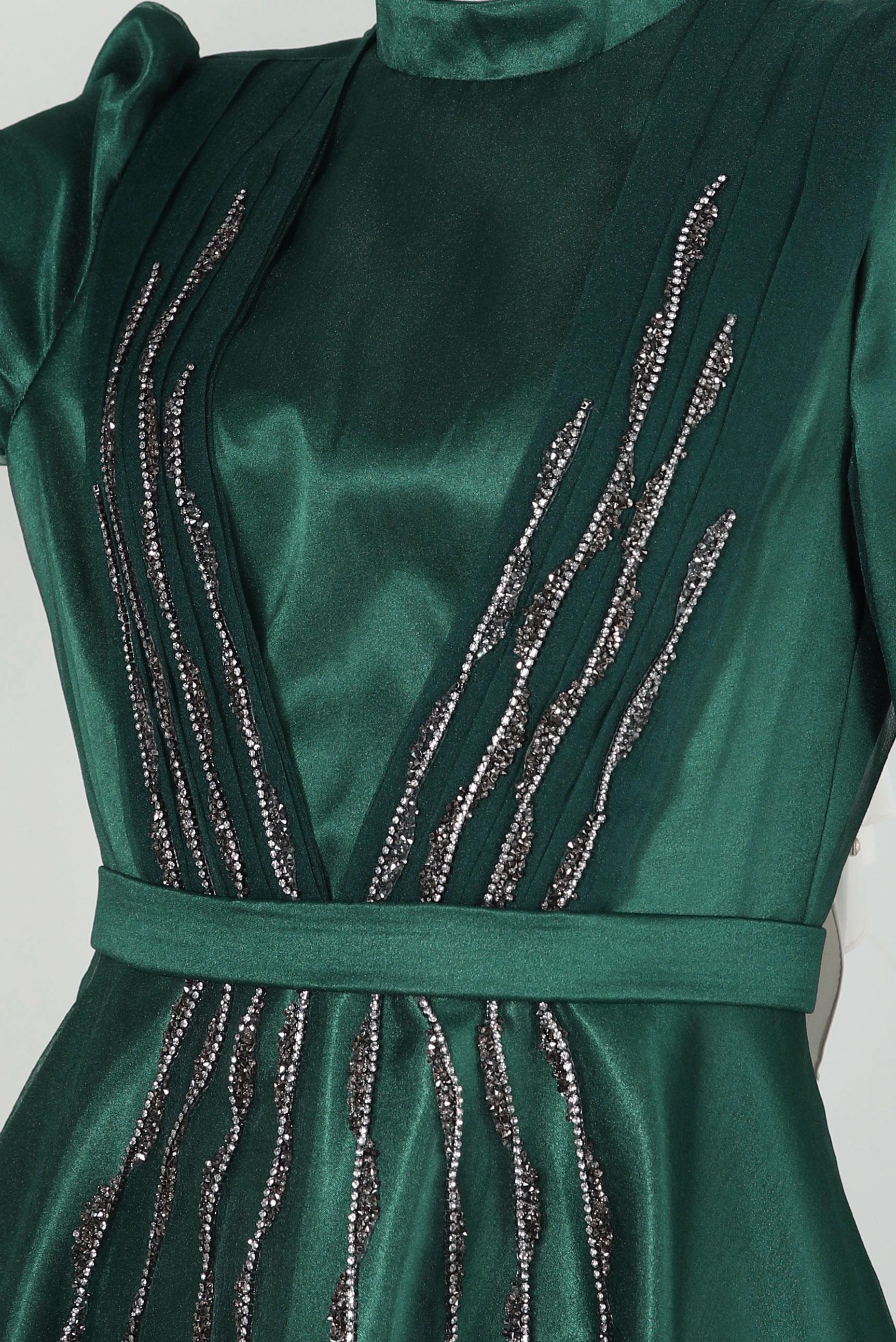 Tesettür giyim YEŞİL DİK YAKA TAŞ BASKILI ABİYE ELBİSE 50308