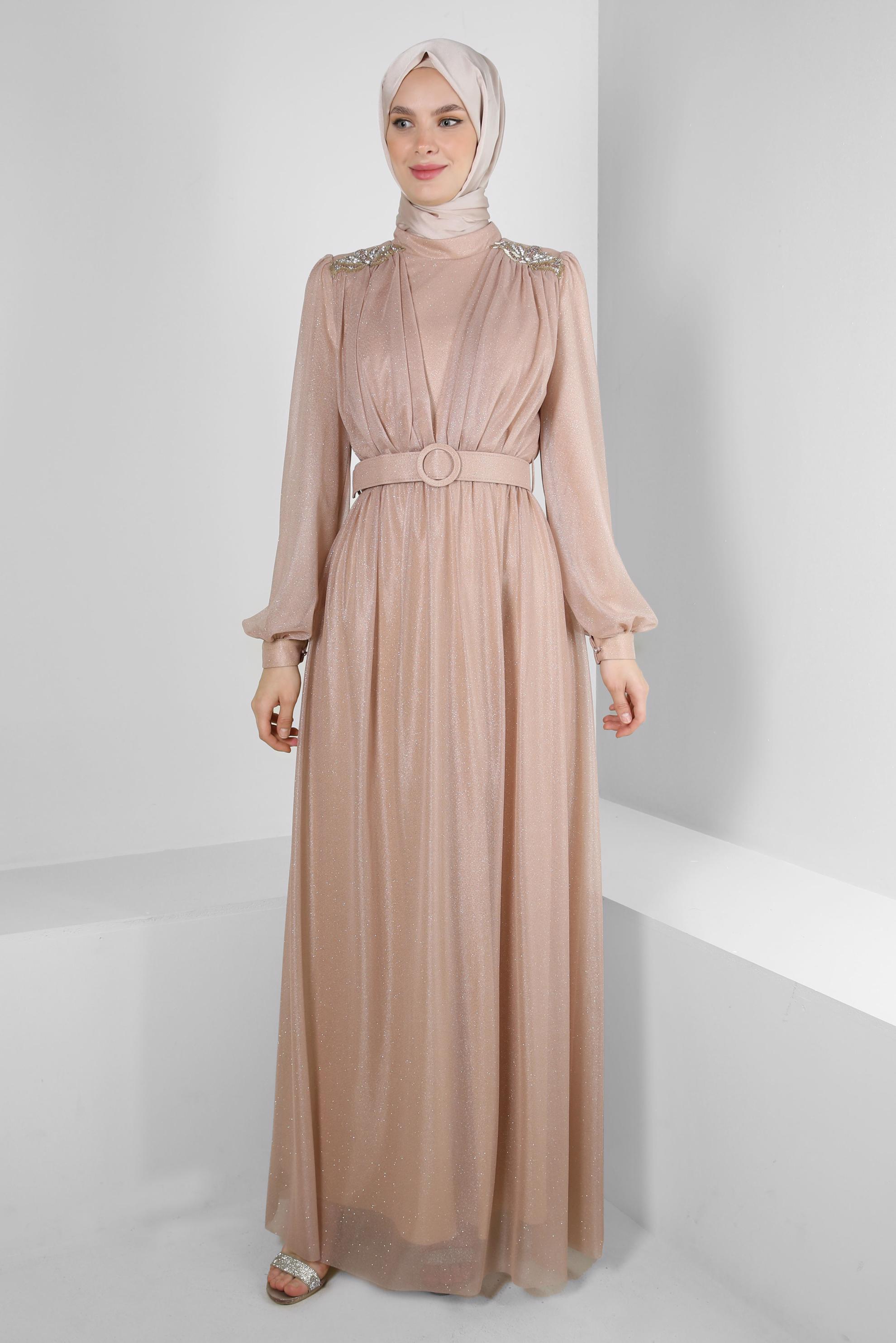 Tesettür giyim ALTIN SİMLİ KEMERLİ TÜL DETAYLI ABİYE ELBİSE 50309