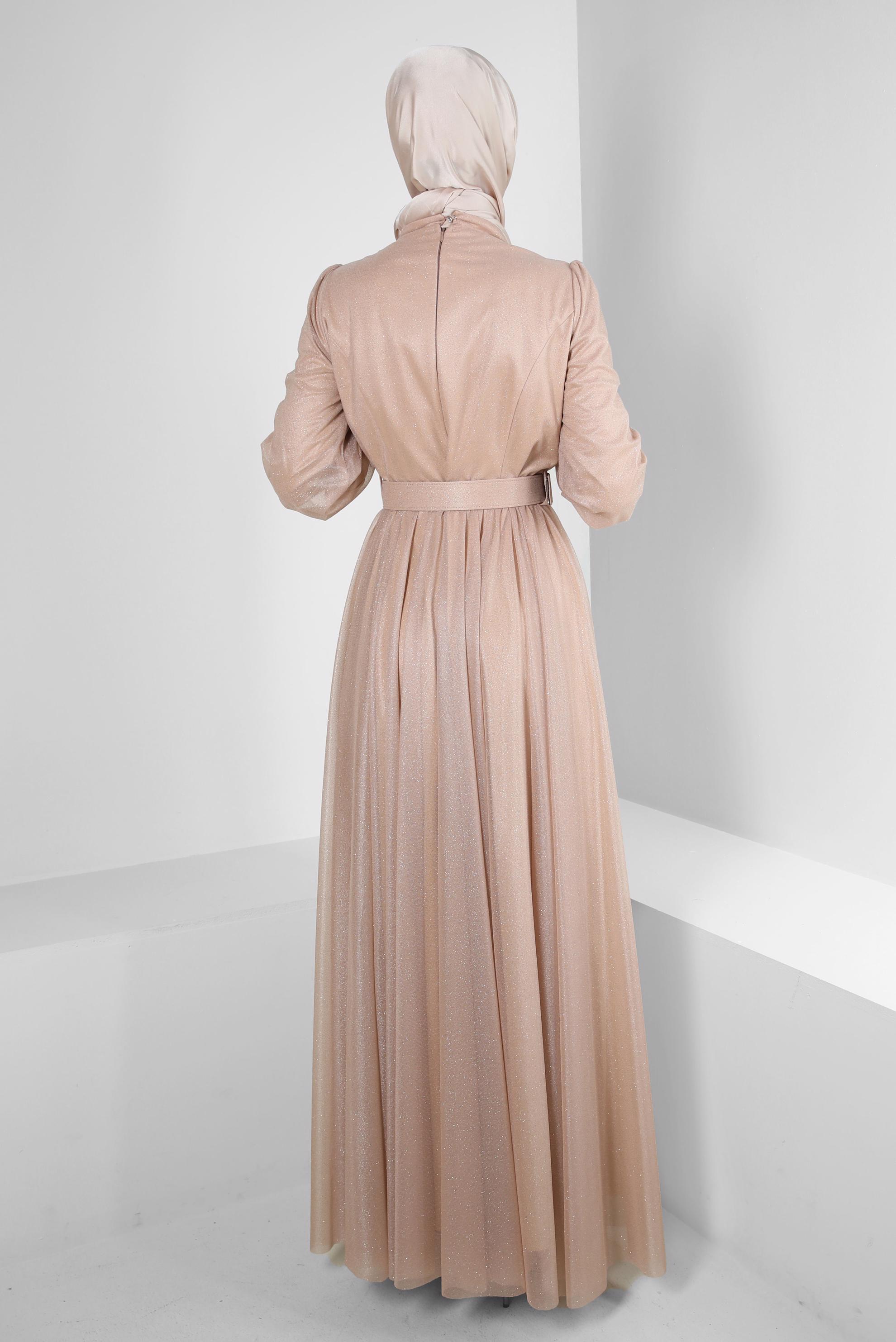 Tesettür giyim ALTIN SİMLİ KEMERLİ TÜL DETAYLI ABİYE ELBİSE 50309