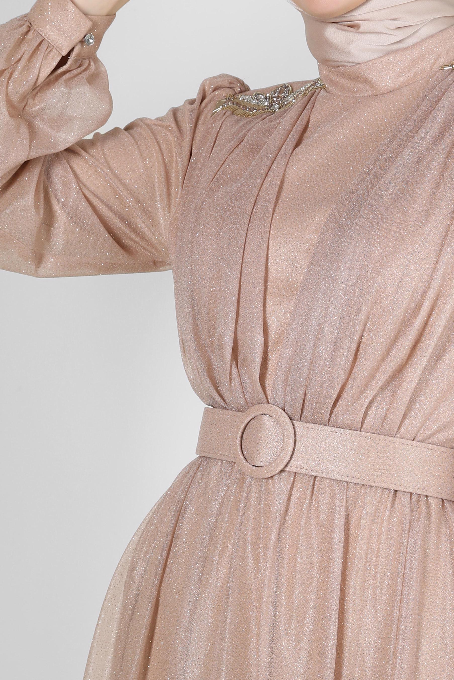 Tesettür giyim ALTIN SİMLİ KEMERLİ TÜL DETAYLI ABİYE ELBİSE 50309