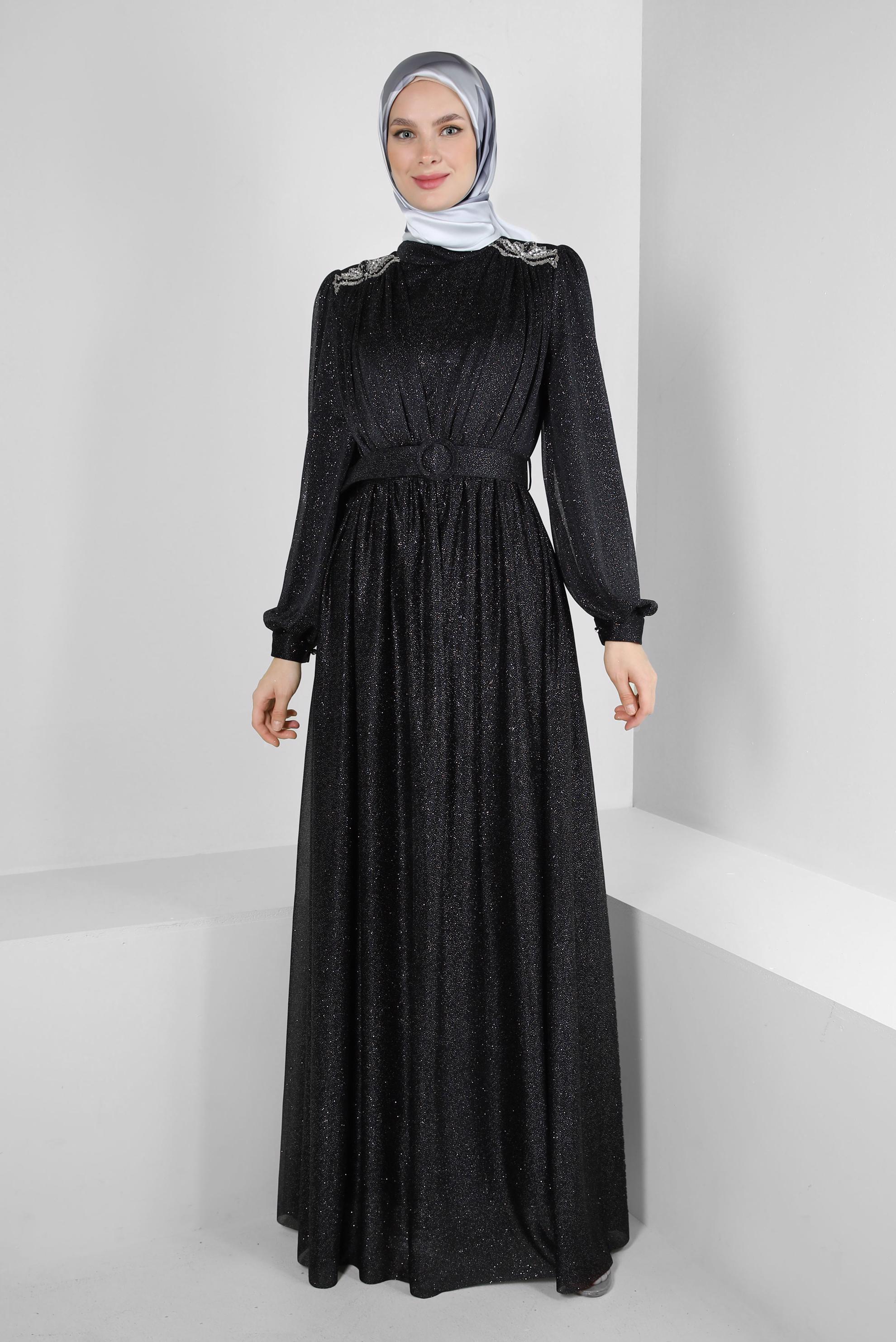 Tesettür giyim SİYAH SİMLİ KEMERLİ TÜL DETAYLI ABİYE ELBİSE 50309