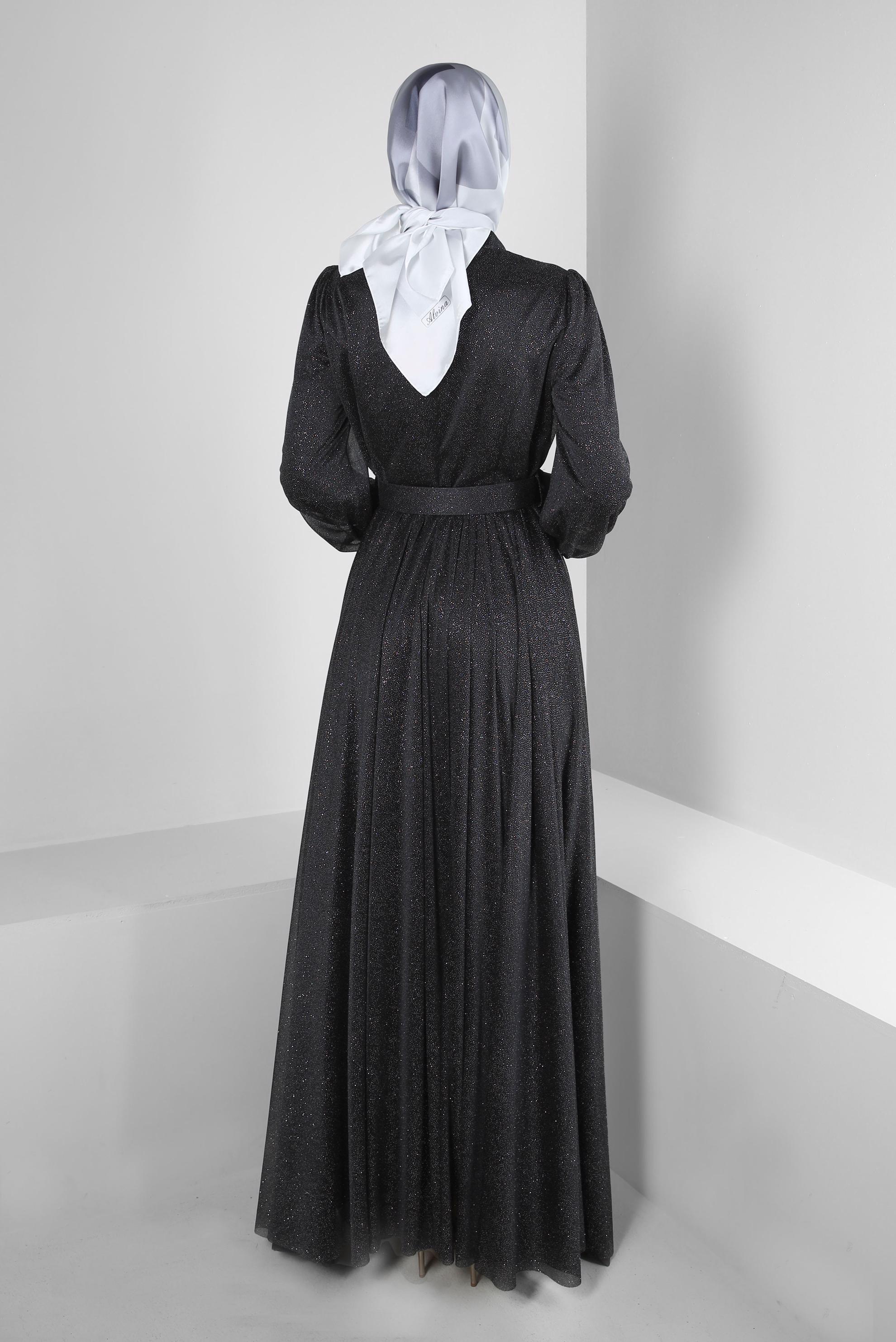 Tesettür giyim SİYAH SİMLİ KEMERLİ TÜL DETAYLI ABİYE ELBİSE 50309