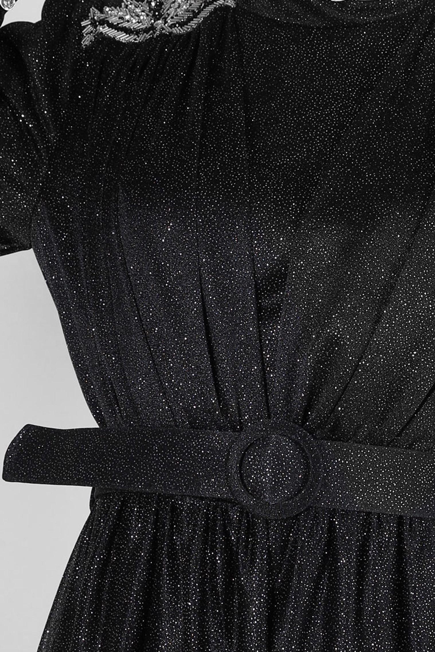 Tesettür giyim SİYAH SİMLİ KEMERLİ TÜL DETAYLI ABİYE ELBİSE 50309