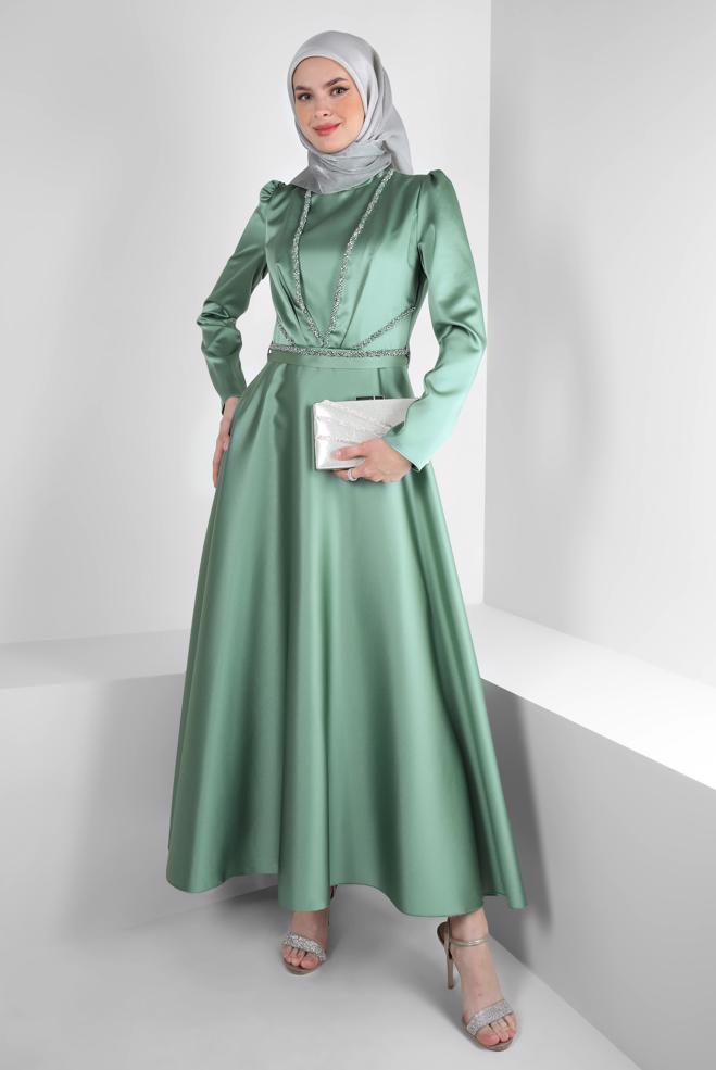 Vêtements hijab VERT ROBE DE SOIRÉE EN SATIN BRODÉ DE GEMMES 50310 - ALVİNA