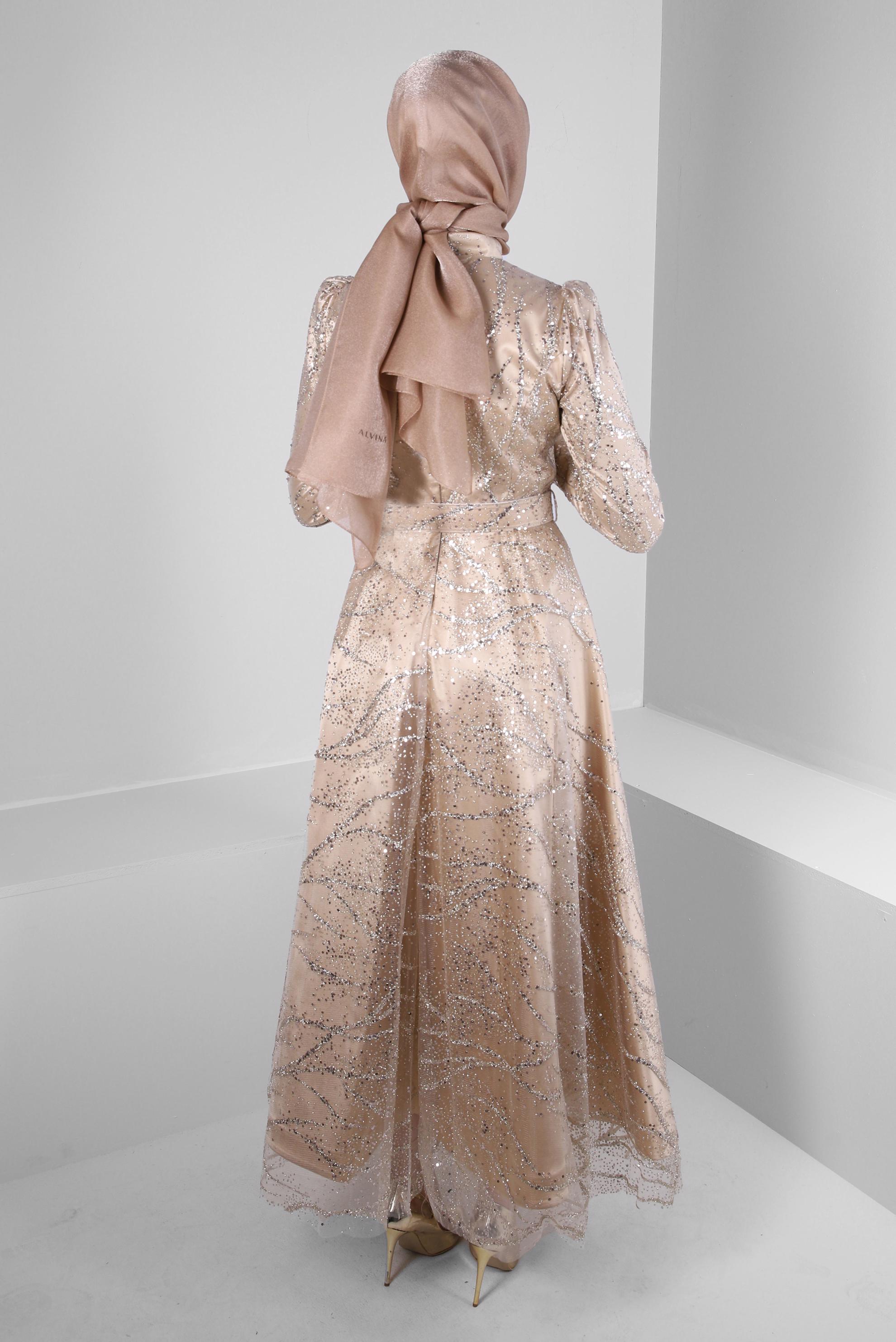 Tesettür giyim ALTIN KEMERLİ PUL PAYET İŞLEMELİ ABİYE ELBİSE 50311