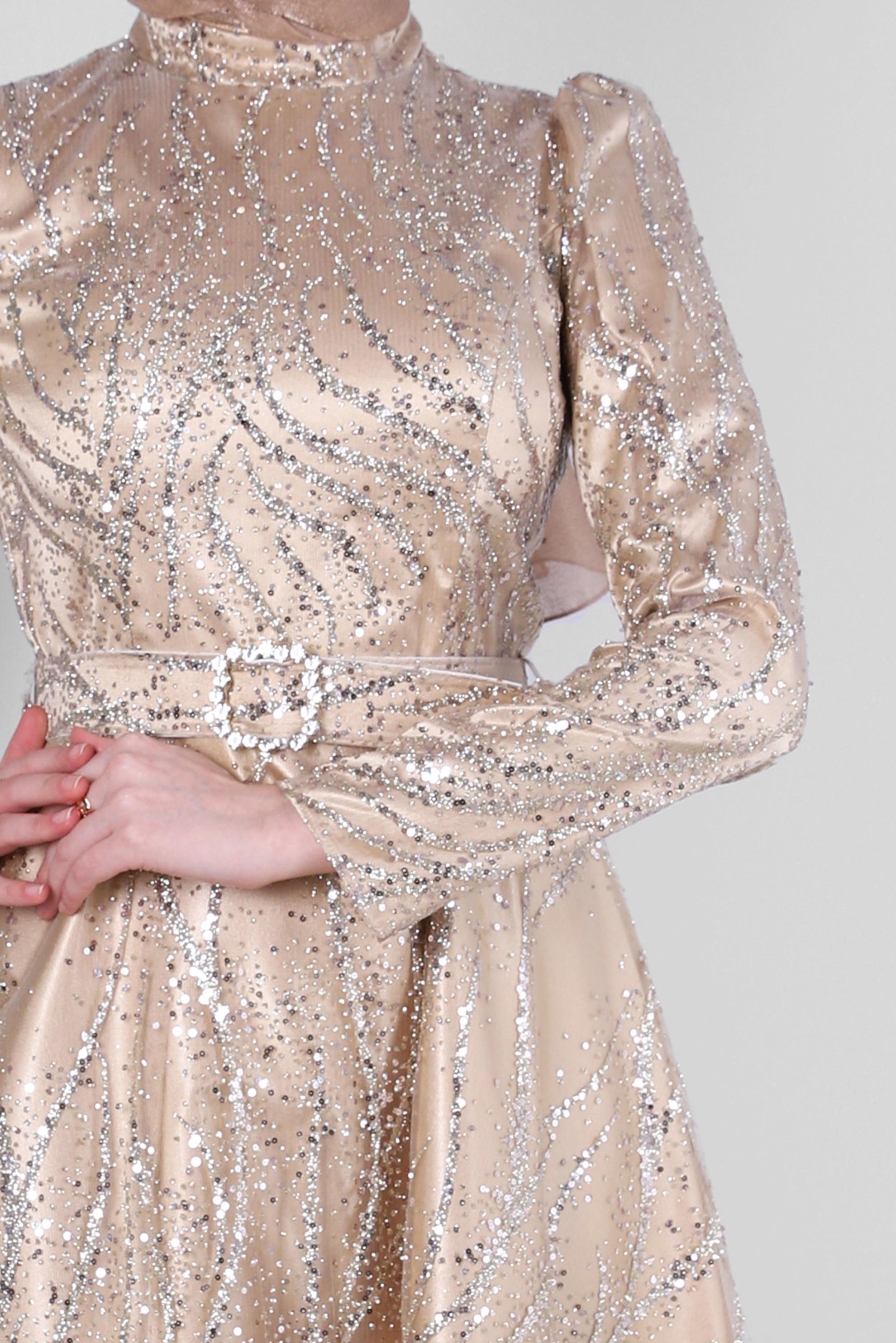 Tesettür giyim ALTIN KEMERLİ PUL PAYET İŞLEMELİ ABİYE ELBİSE 50311