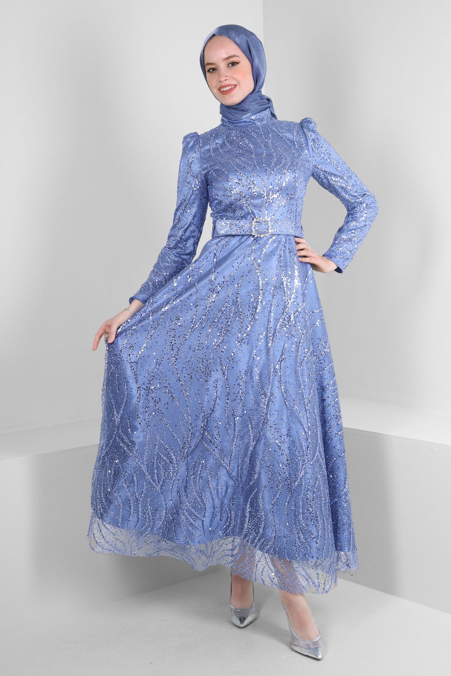 Tesettür giyim LACİVERT KEMERLİ PUL PAYET İŞLEMELİ ABİYE ELBİSE 50311