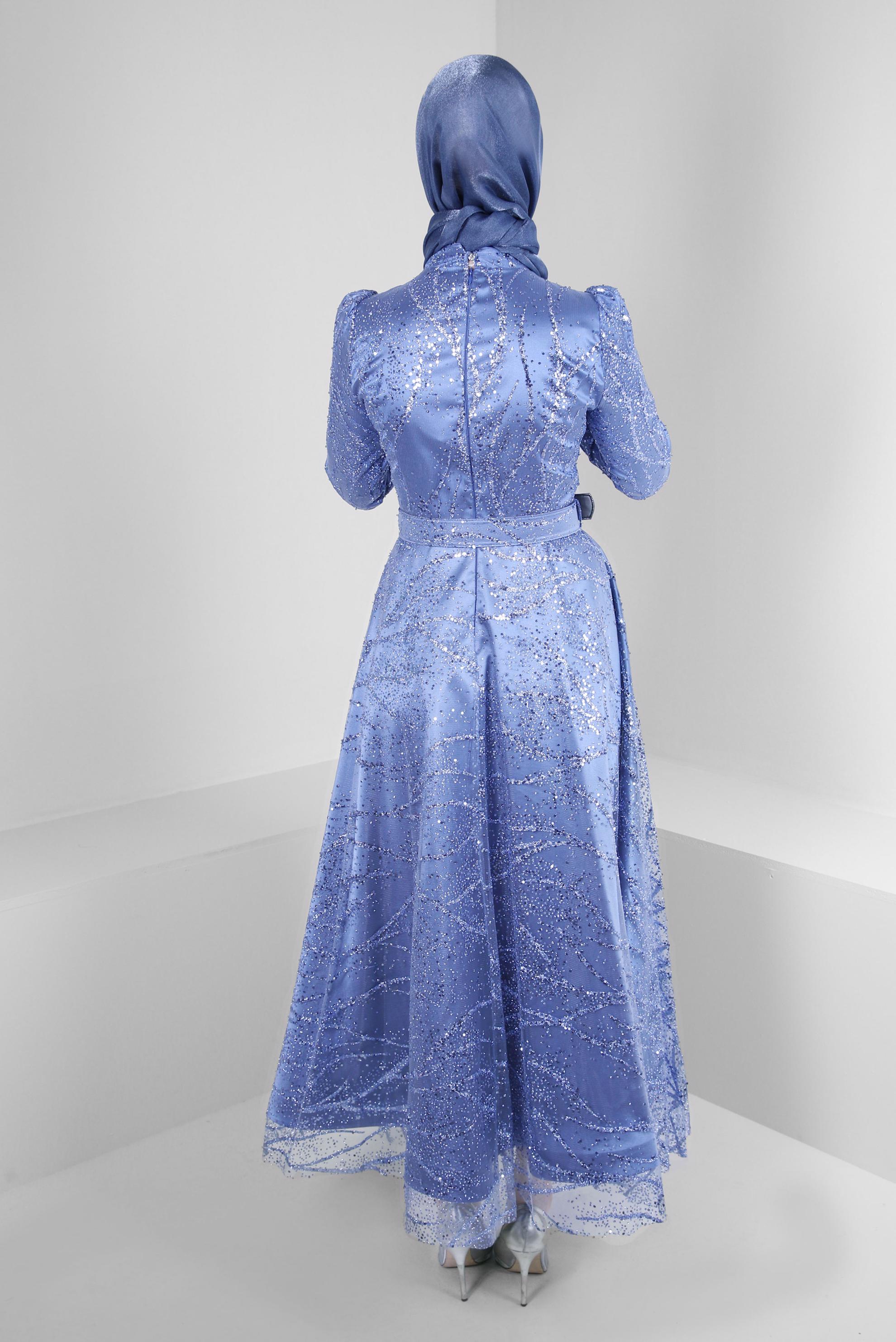 Tesettür giyim LACİVERT KEMERLİ PUL PAYET İŞLEMELİ ABİYE ELBİSE 50311