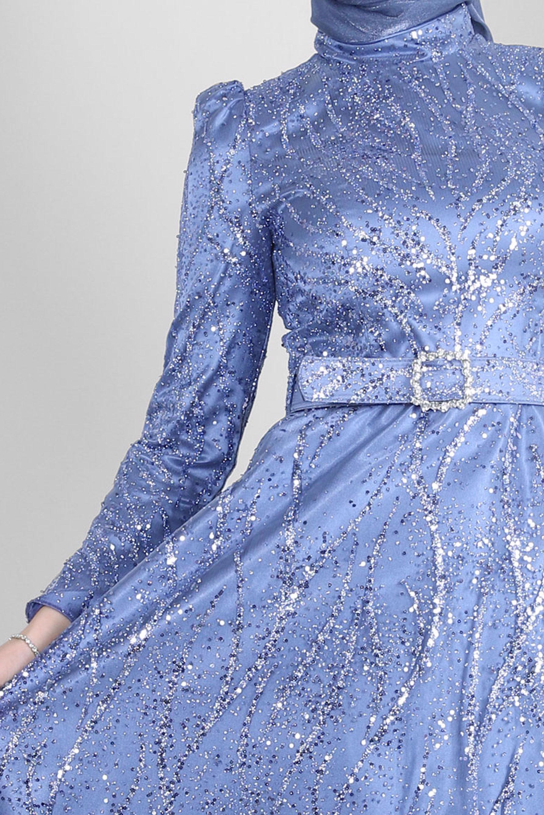 Tesettür giyim LACİVERT KEMERLİ PUL PAYET İŞLEMELİ ABİYE ELBİSE 50311