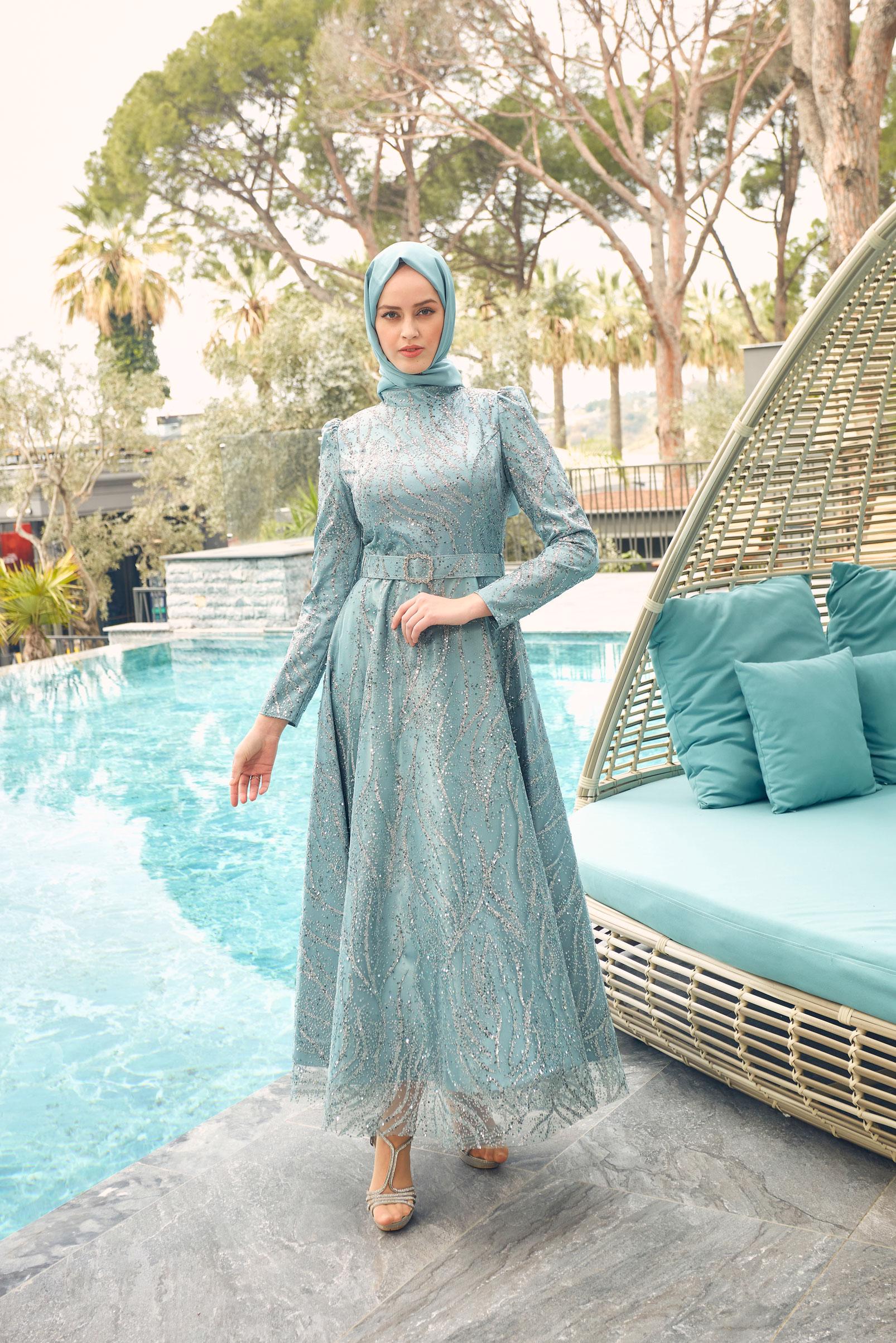Vêtements hijab VERT ROBE DE SOIRÉE À SEQUINS ET CEINTURE 50311