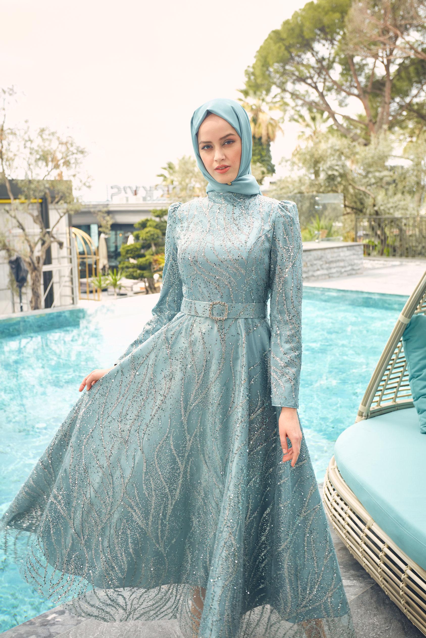 Vêtements hijab VERT ROBE DE SOIRÉE À SEQUINS ET CEINTURE 50311