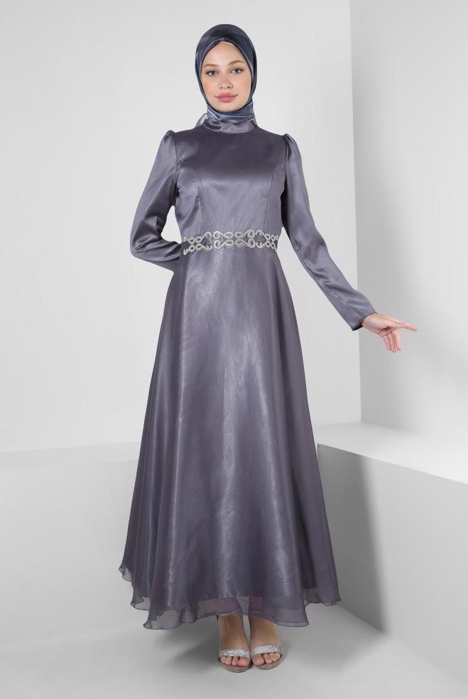 Vêtements hijab POURPRE ROBE DE SOIRÉE EN MOUSSELINE AVEC CEINTURE 50314 - ALVİNA