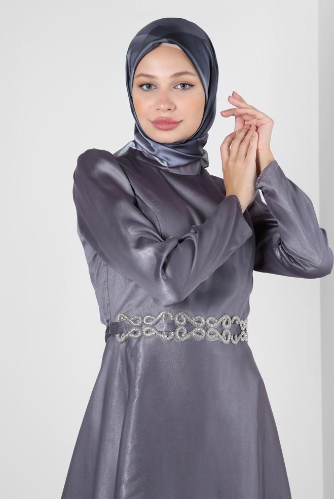 Vêtements hijab POURPRE ROBE DE SOIRÉE EN MOUSSELINE AVEC CEINTURE 50314 - ALVİNA
