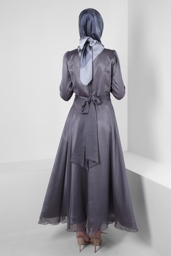 Vêtements hijab POURPRE ROBE DE SOIRÉE EN MOUSSELINE AVEC CEINTURE 50314 - ALVİNA