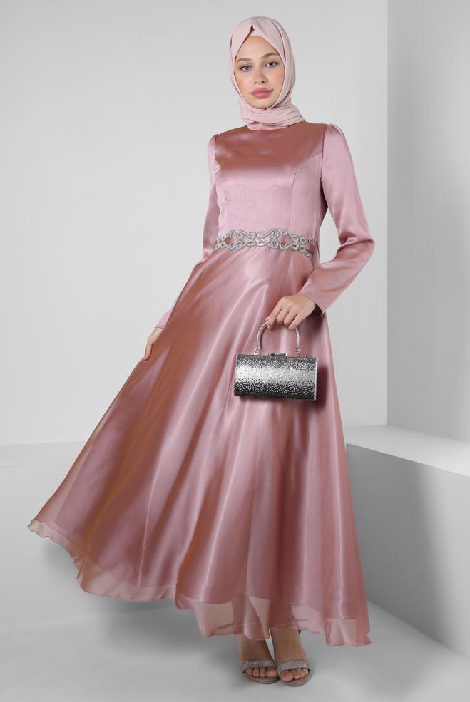 Vêtements hijab ROSE ROBE DE SOIRÉE EN MOUSSELINE AVEC CEINTURE 50314 - ALVİNA