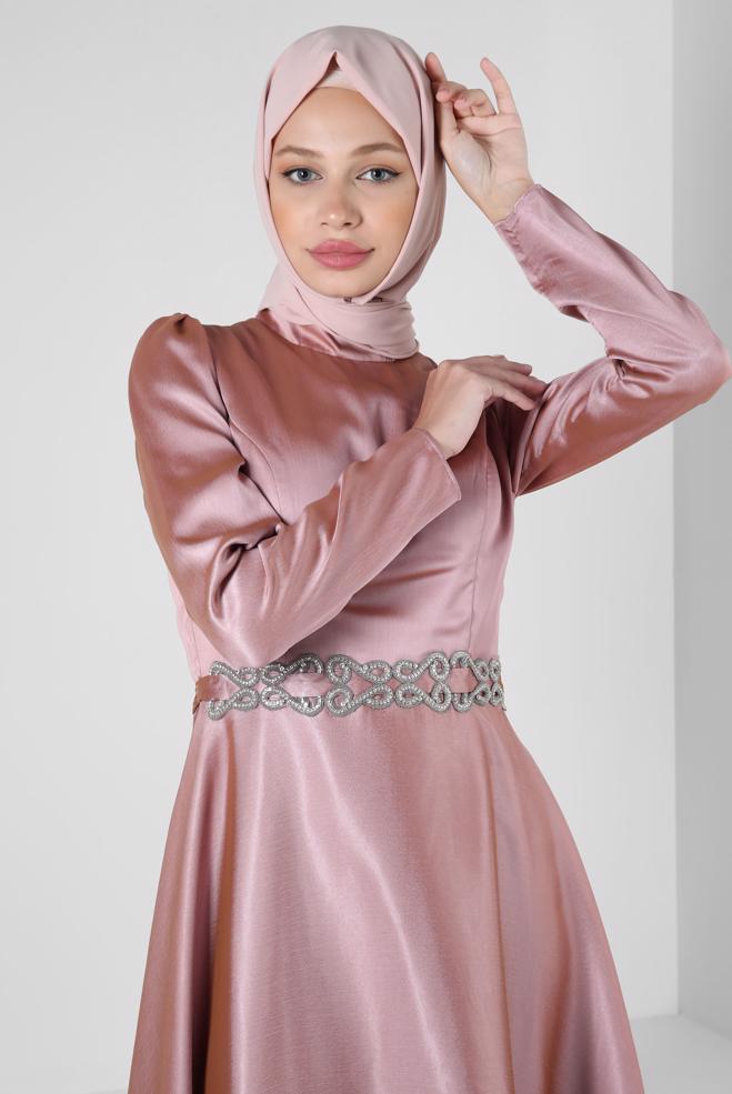 Vêtements hijab ROSE ROBE DE SOIRÉE EN MOUSSELINE AVEC CEINTURE 50314 - ALVİNA