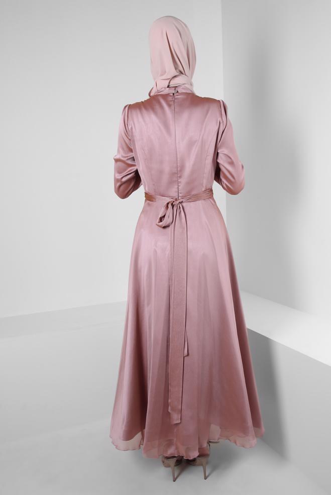 Vêtements hijab ROSE ROBE DE SOIRÉE EN MOUSSELINE AVEC CEINTURE 50314 - ALVİNA