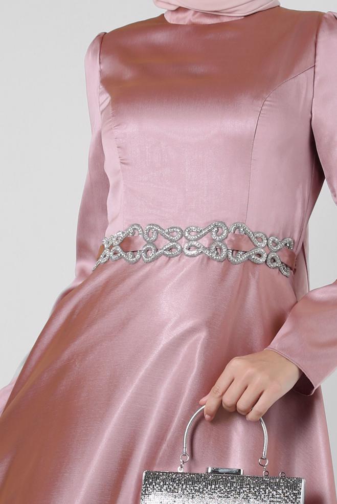 Vêtements hijab ROSE ROBE DE SOIRÉE EN MOUSSELINE AVEC CEINTURE 50314 - ALVİNA
