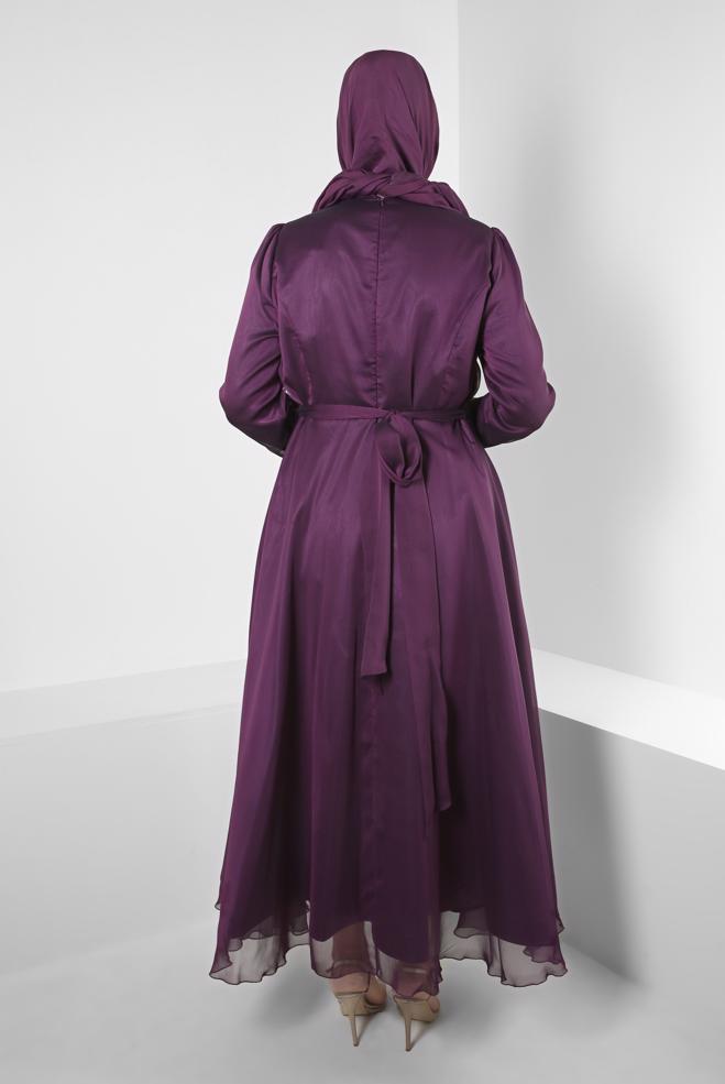 Tesettür giyim MOR KUŞAKLI TAŞ İŞLEMELİ ŞİFON ABİYE ELBİSE 50315 - ALVİNA