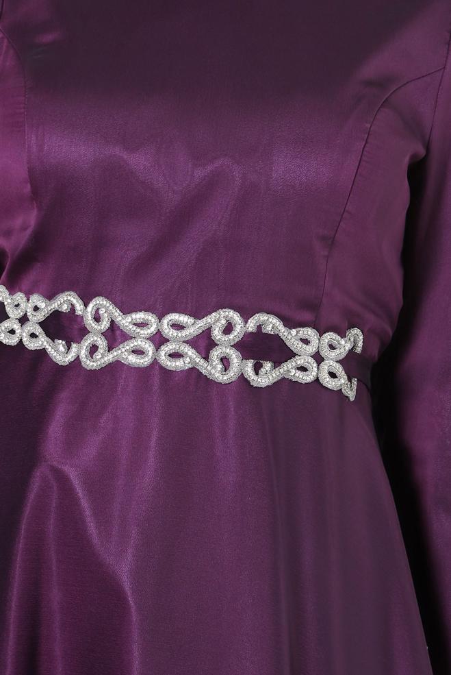 Tesettür giyim MOR KUŞAKLI TAŞ İŞLEMELİ ŞİFON ABİYE ELBİSE 50315 - ALVİNA