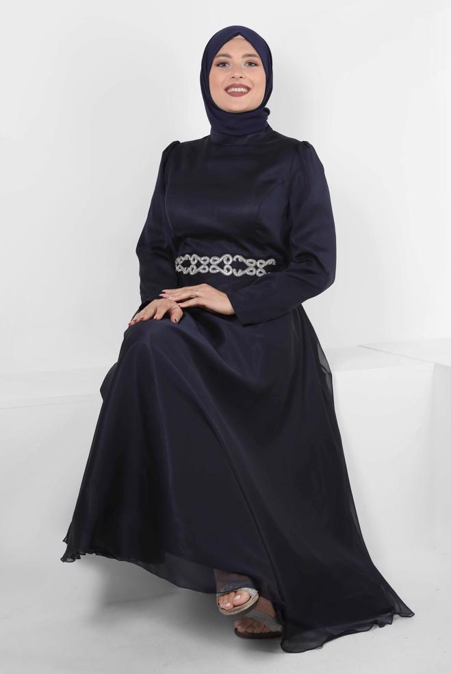 Vêtements hijab BLEU MARINE ROBE DE SOIRÉE EN MOUSSELINE AVEC CEINTURE ET BRODERIE 50315 - ALVİNA
