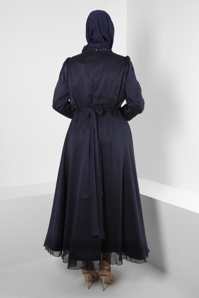 Vêtements hijab BLEU MARINE ROBE DE SOIRÉE EN MOUSSELINE AVEC CEINTURE ET BRODERIE 50315 - ALVİNA