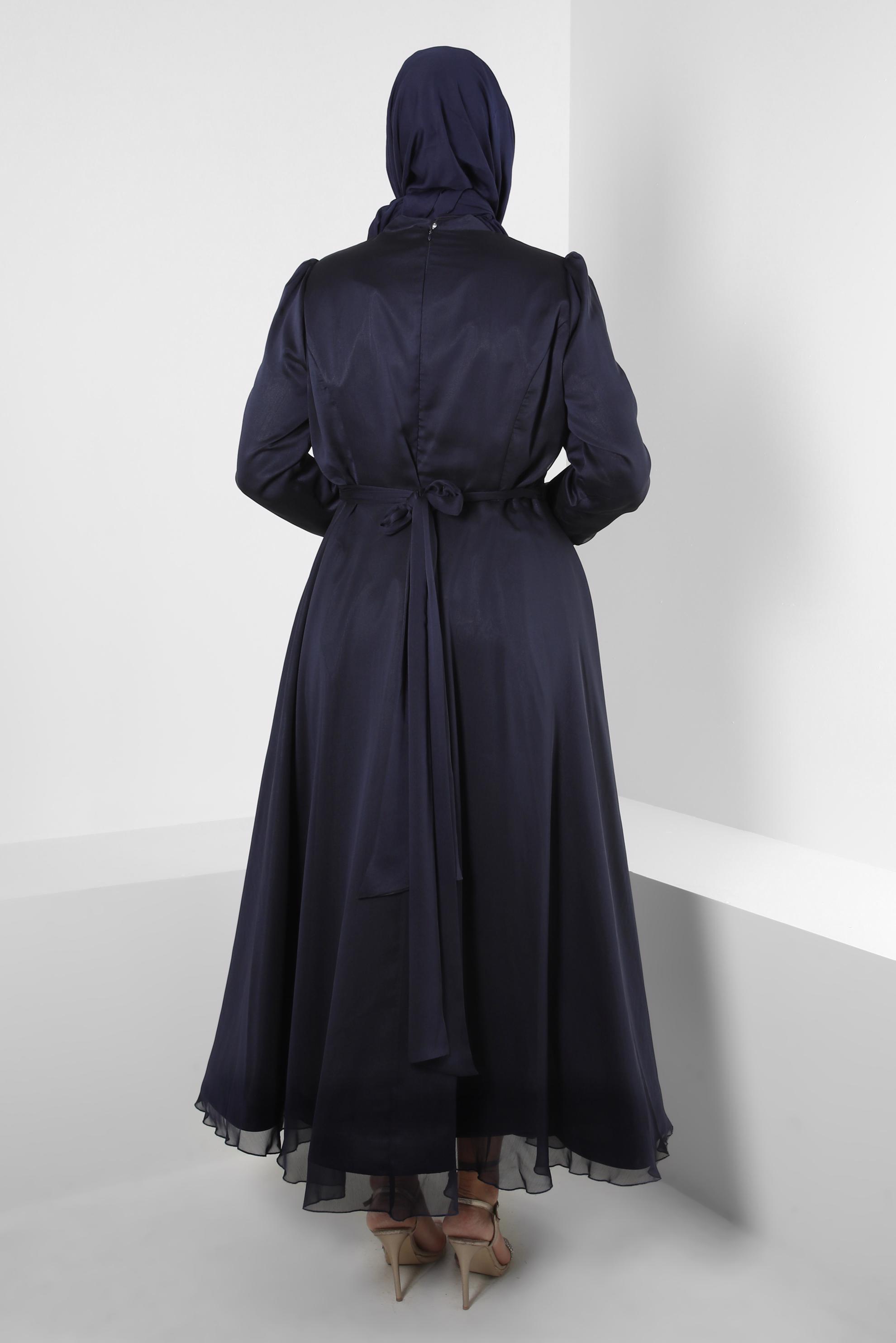 Tesettür giyim LACİVERT KUŞAKLI TAŞ İŞLEMELİ ŞİFON ABİYE ELBİSE 50315