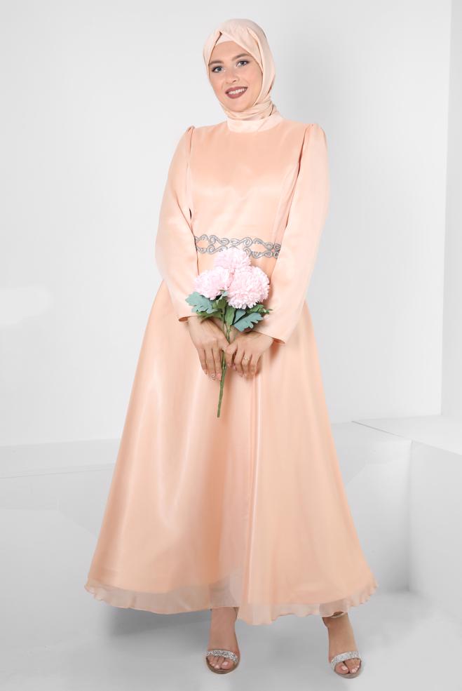 Vêtements hijab POUDRE ROBE DE SOIRÉE EN MOUSSELINE AVEC CEINTURE ET BRODERIE 50315 - ALVİNA