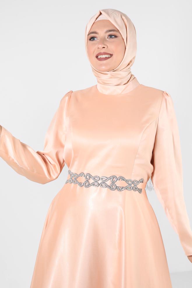 Vêtements hijab POUDRE ROBE DE SOIRÉE EN MOUSSELINE AVEC CEINTURE ET BRODERIE 50315 - ALVİNA