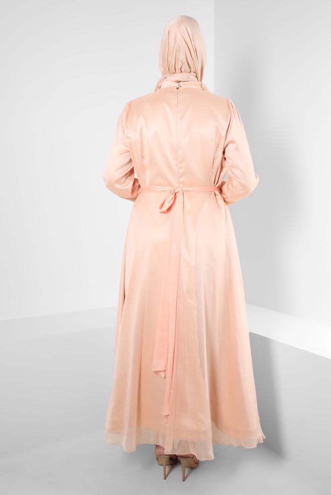 Vêtements hijab POUDRE ROBE DE SOIRÉE EN MOUSSELINE AVEC CEINTURE ET BRODERIE 50315 - ALVİNA